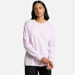 Female model wearing Look Design custom long sleeve t-shirt in pink