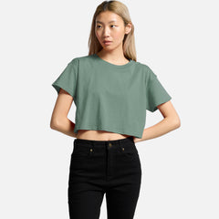 Female model wearing Look Design custom branded crop t-shirt in green