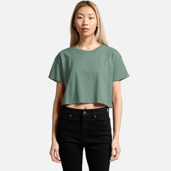 Female model wearing Look Design custom branded crop t-shirt in green