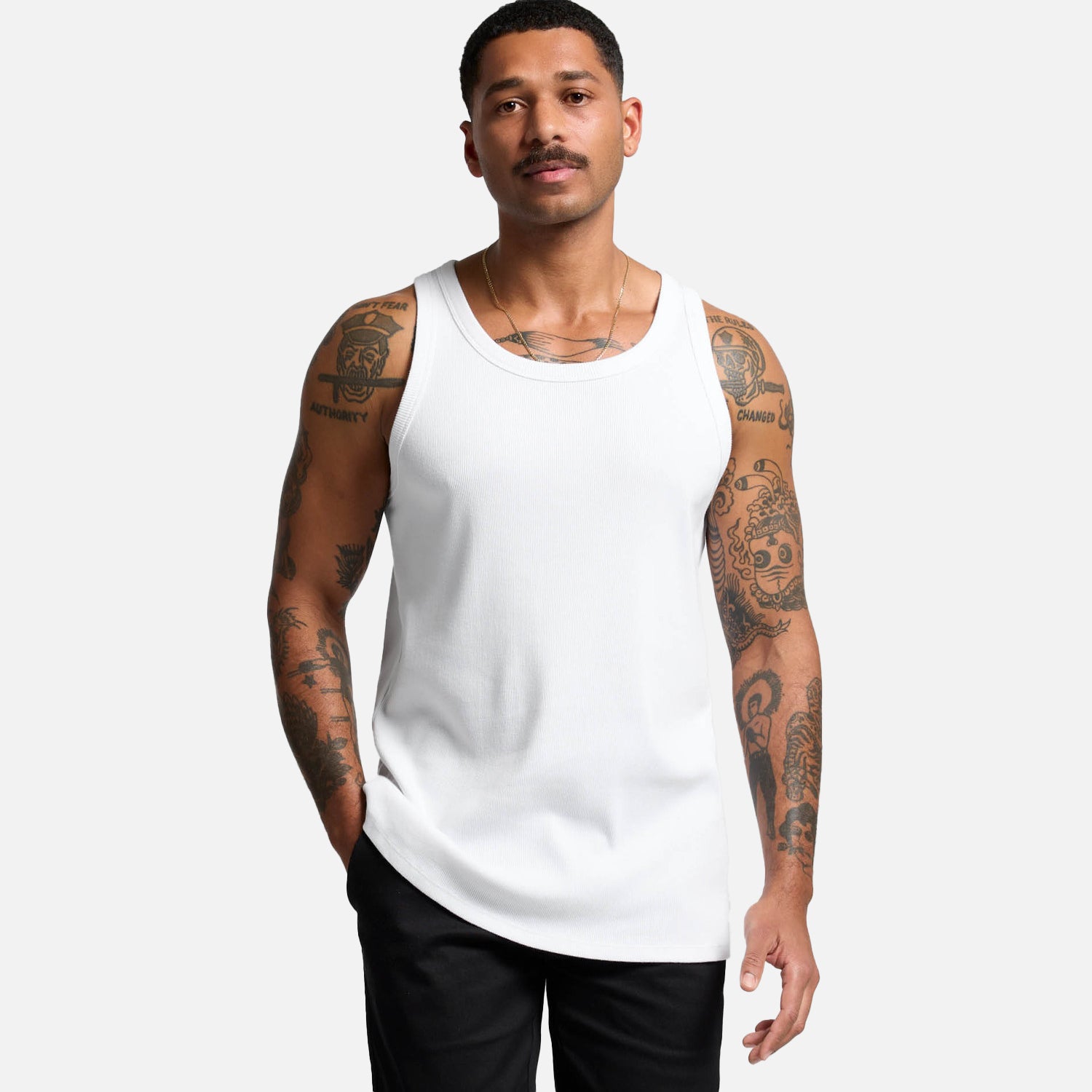 Male model wearing Look Design custom organic rib singlet in white