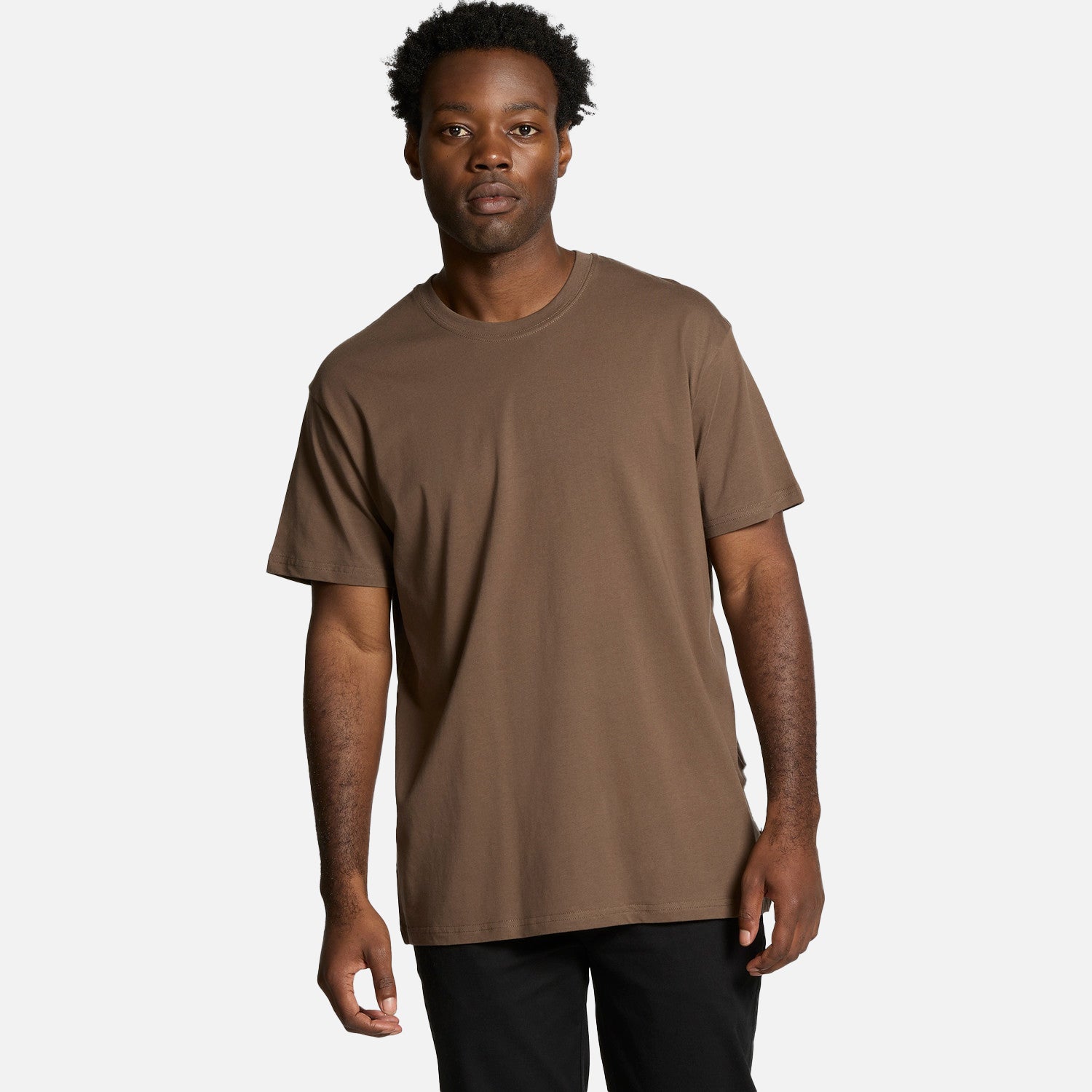 Male model wearing Look Design custom organic t-shirt in brown
