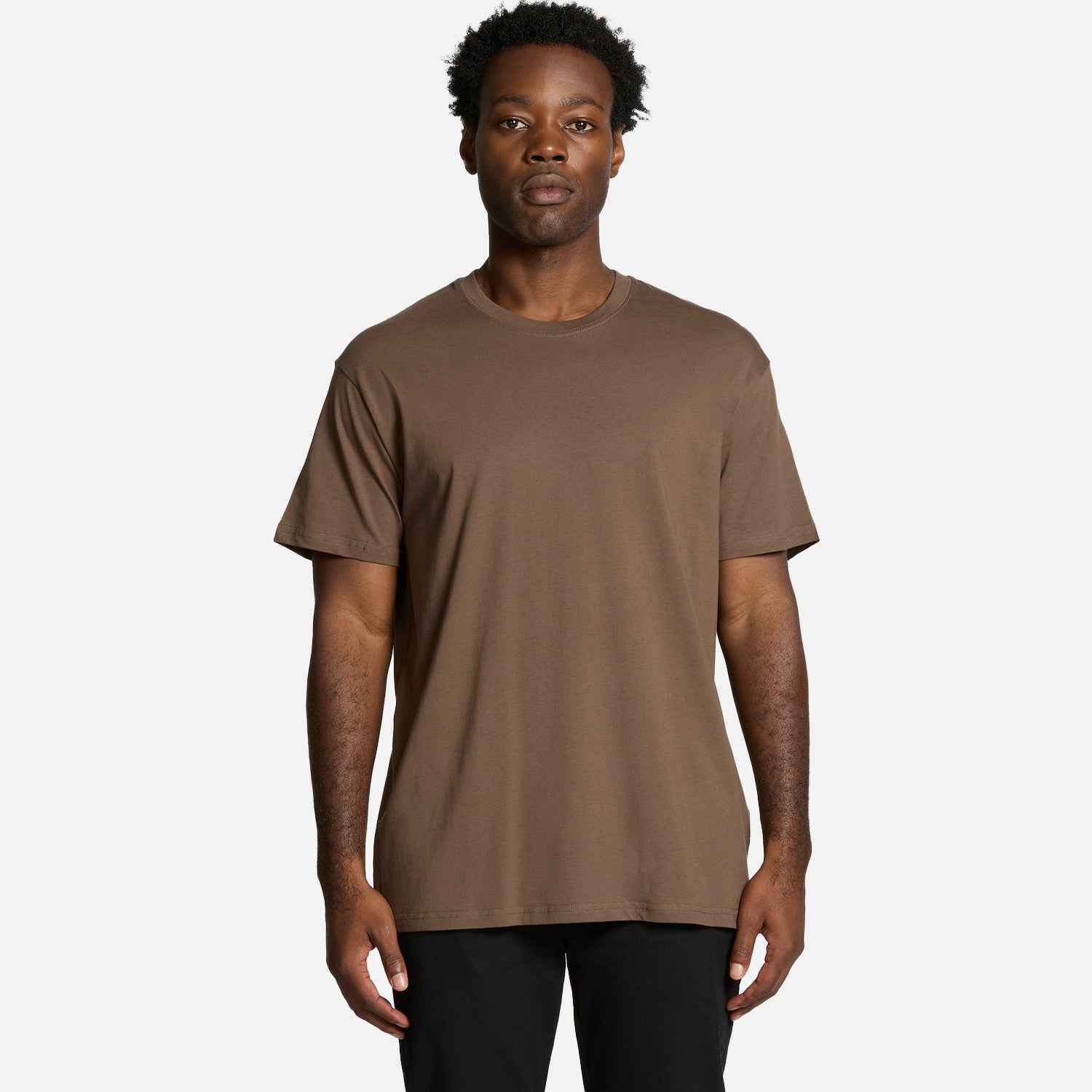 Male model wearing Look Design custom organic t-shirt in brown