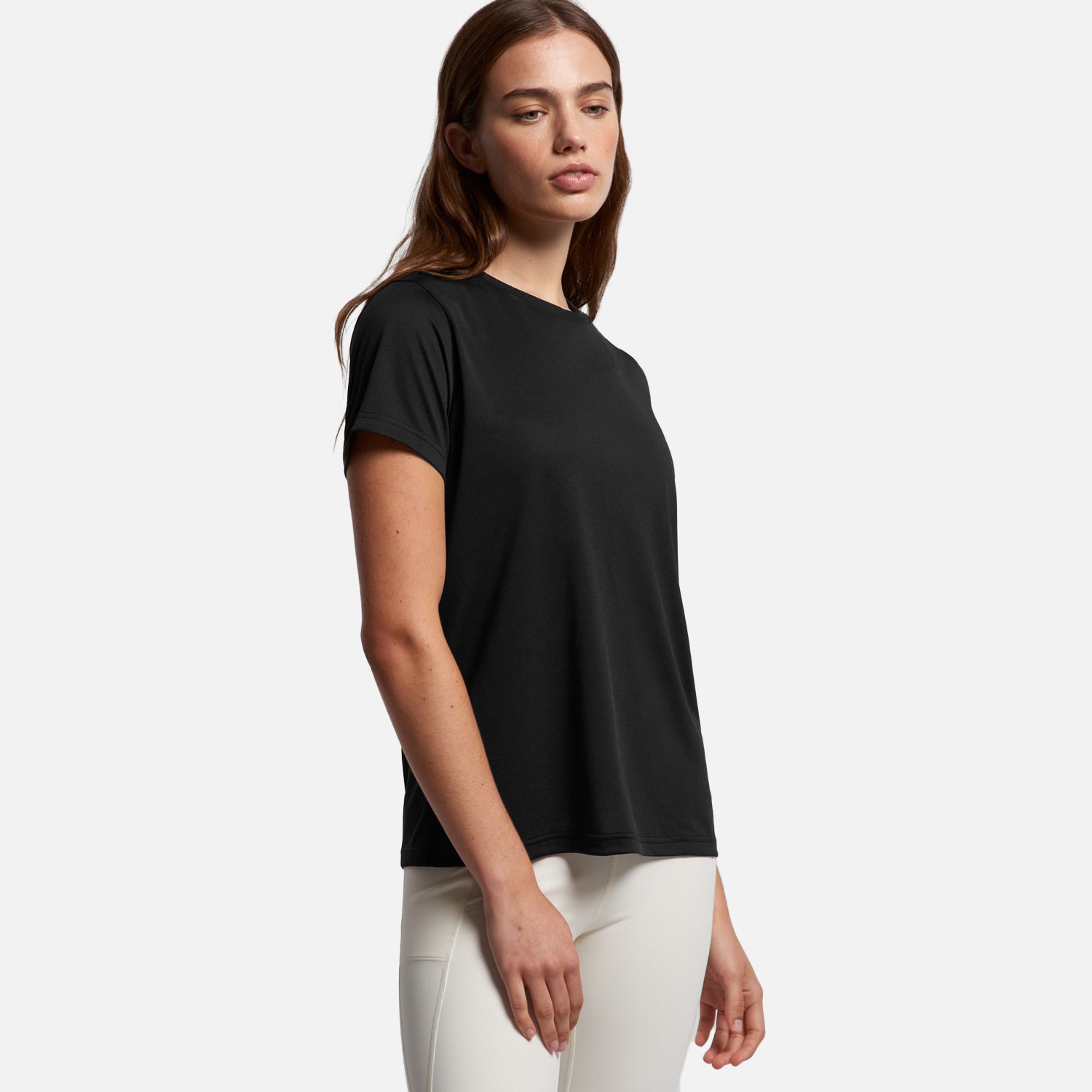 Female model wearing Look Design custom branded active t-shirt in black