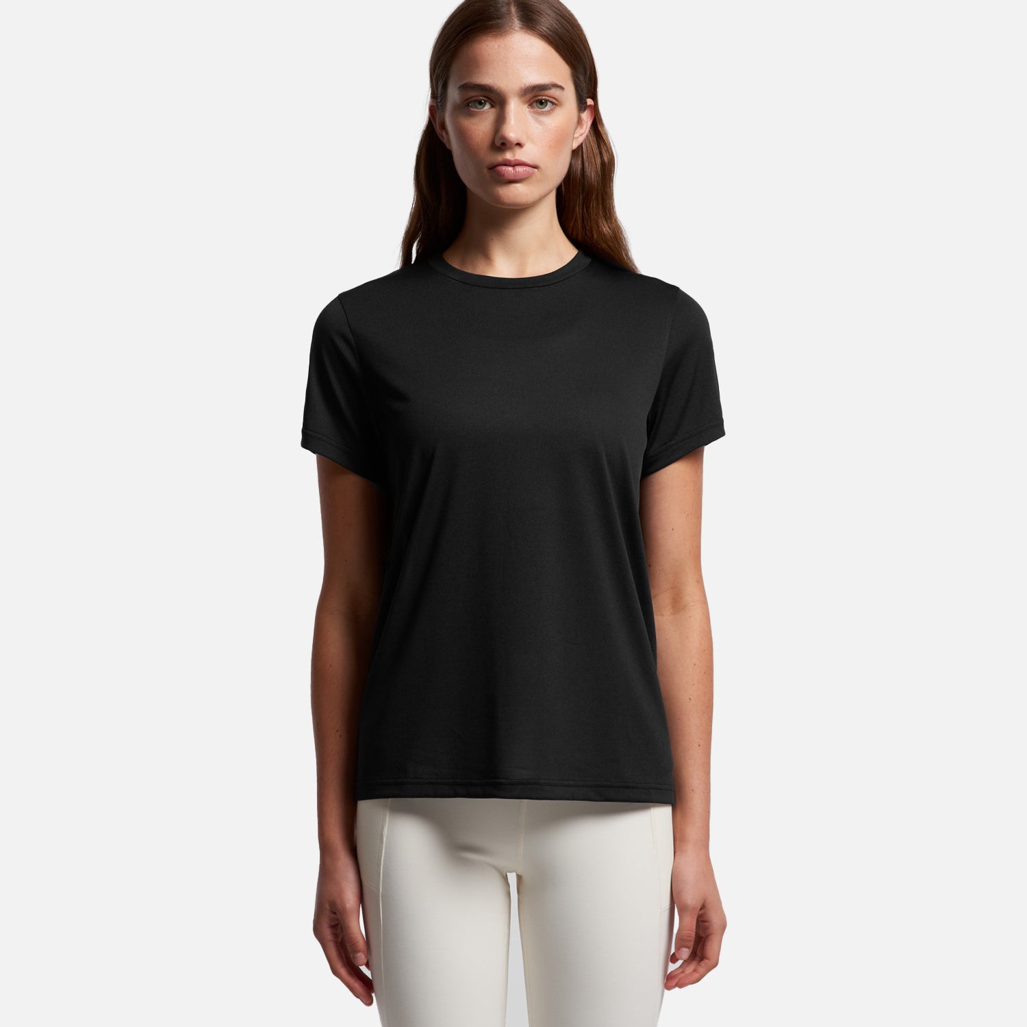 Female model wearing Look Design custom branded active t-shirt in black