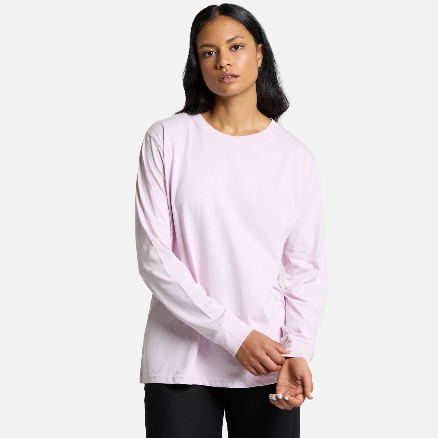 Female model wearing Look Design custom long sleeve t-shirt in pink