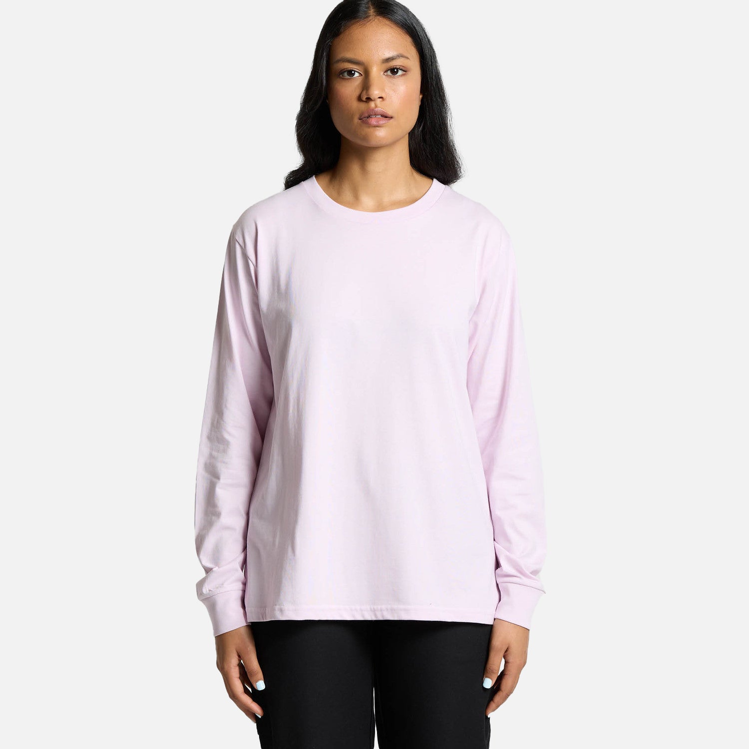 Female model wearing Look Design custom long sleeve t-shirt in pink