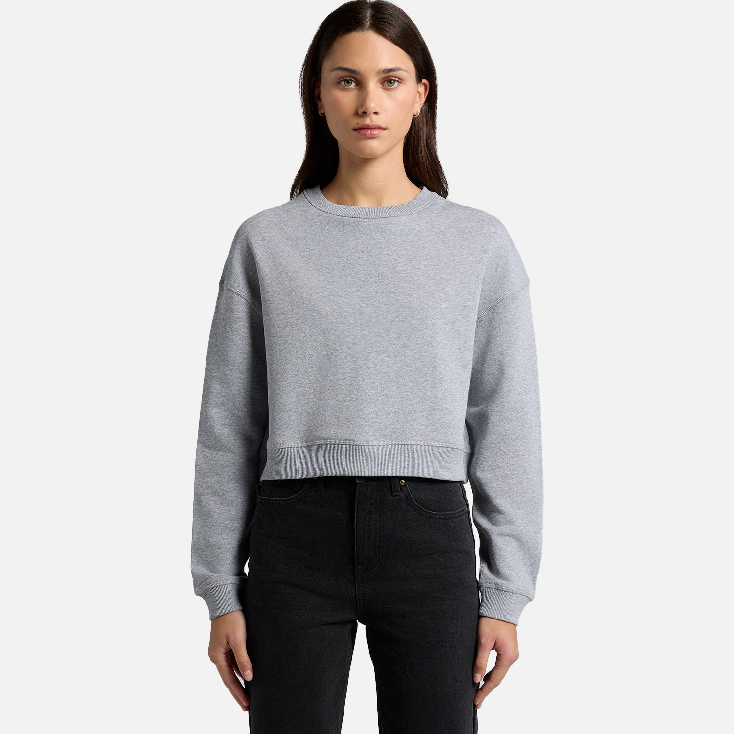 Female model wearing Custom branded Look Design crop crew neck t-shirt in grey