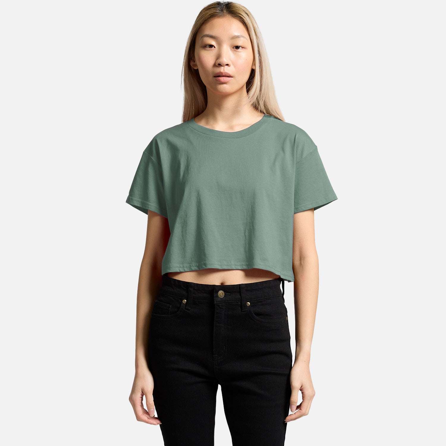 Female model wearing Look Design custom branded crop t-shirt in green