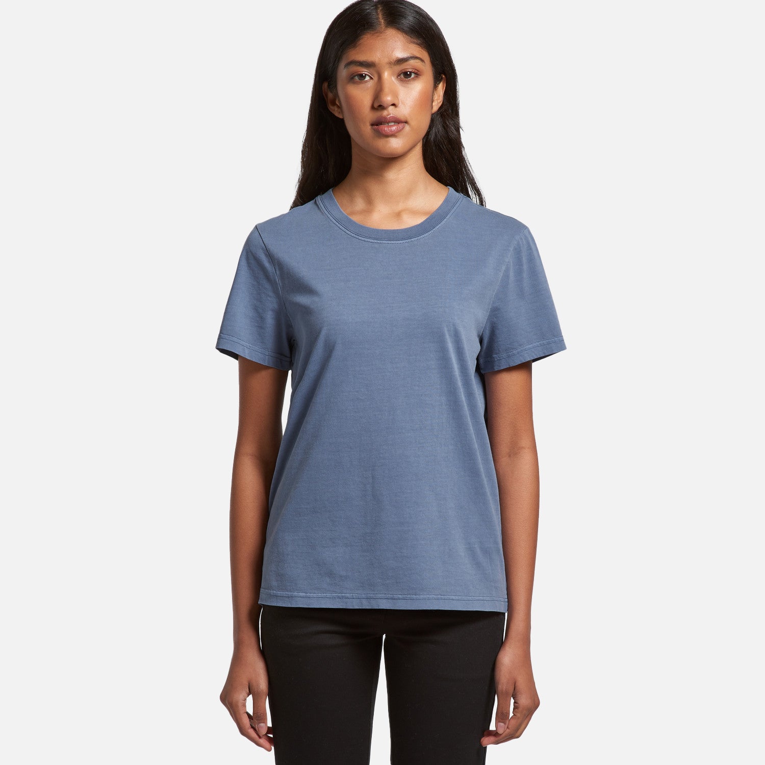 Female model wearing Look Design custom branded t-shirt in blue