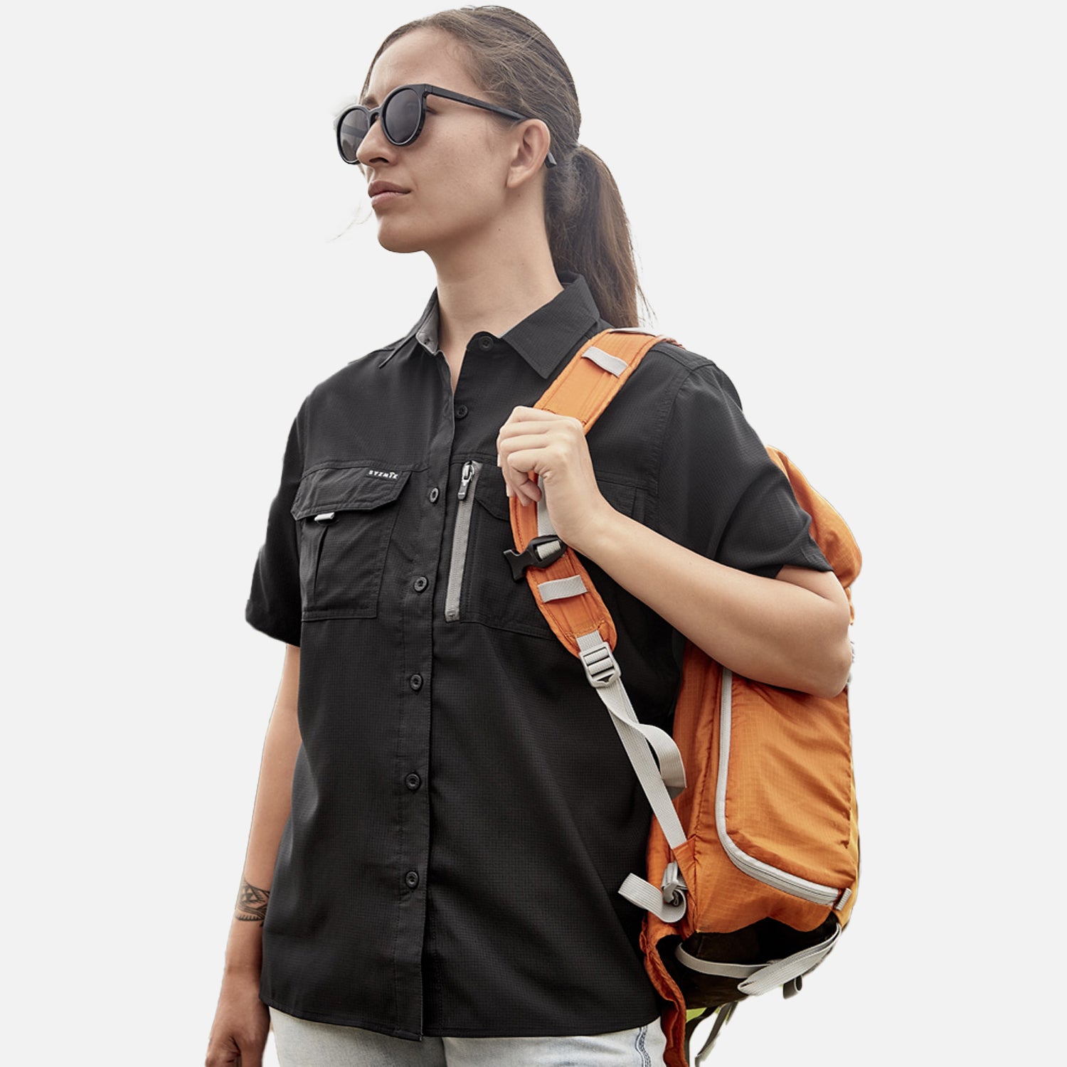 Female worker wearing Look Design custom branded collared Hi Vis in bright black