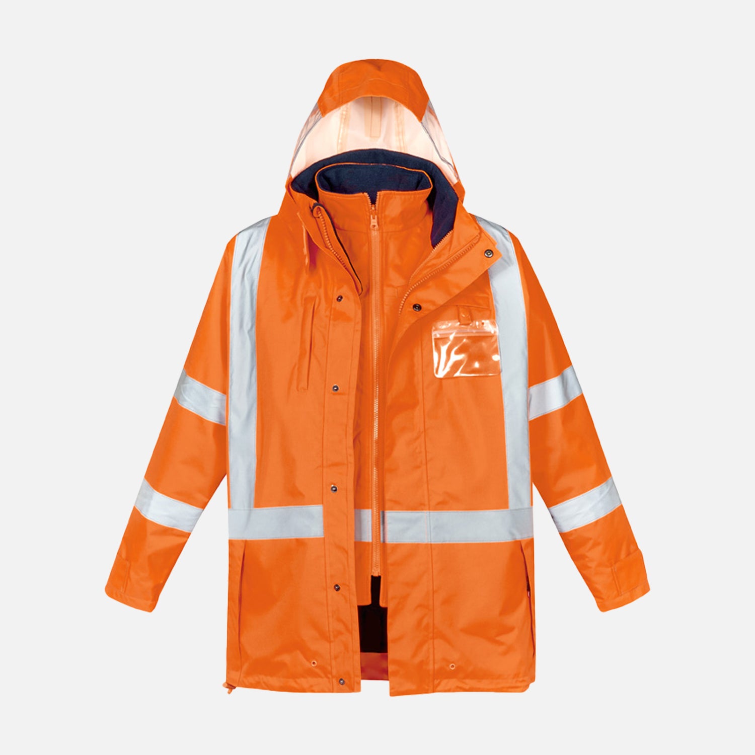 Look Design custom branded hooded Hi Vis in bright orange with reflective silver strips  