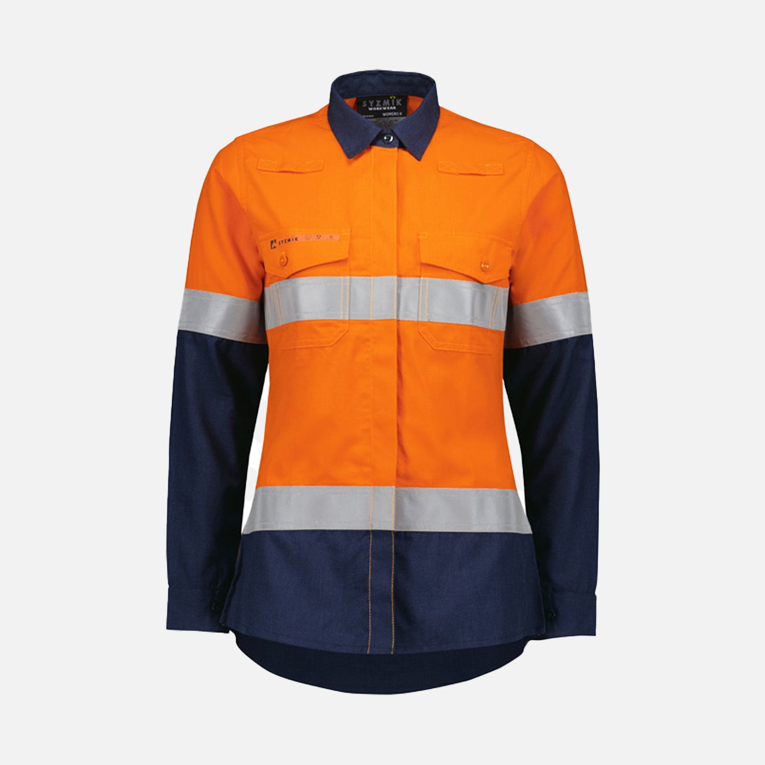Look Design custom branded Hi Vis collared shirt in bright orange and navy with reflective silver strips  