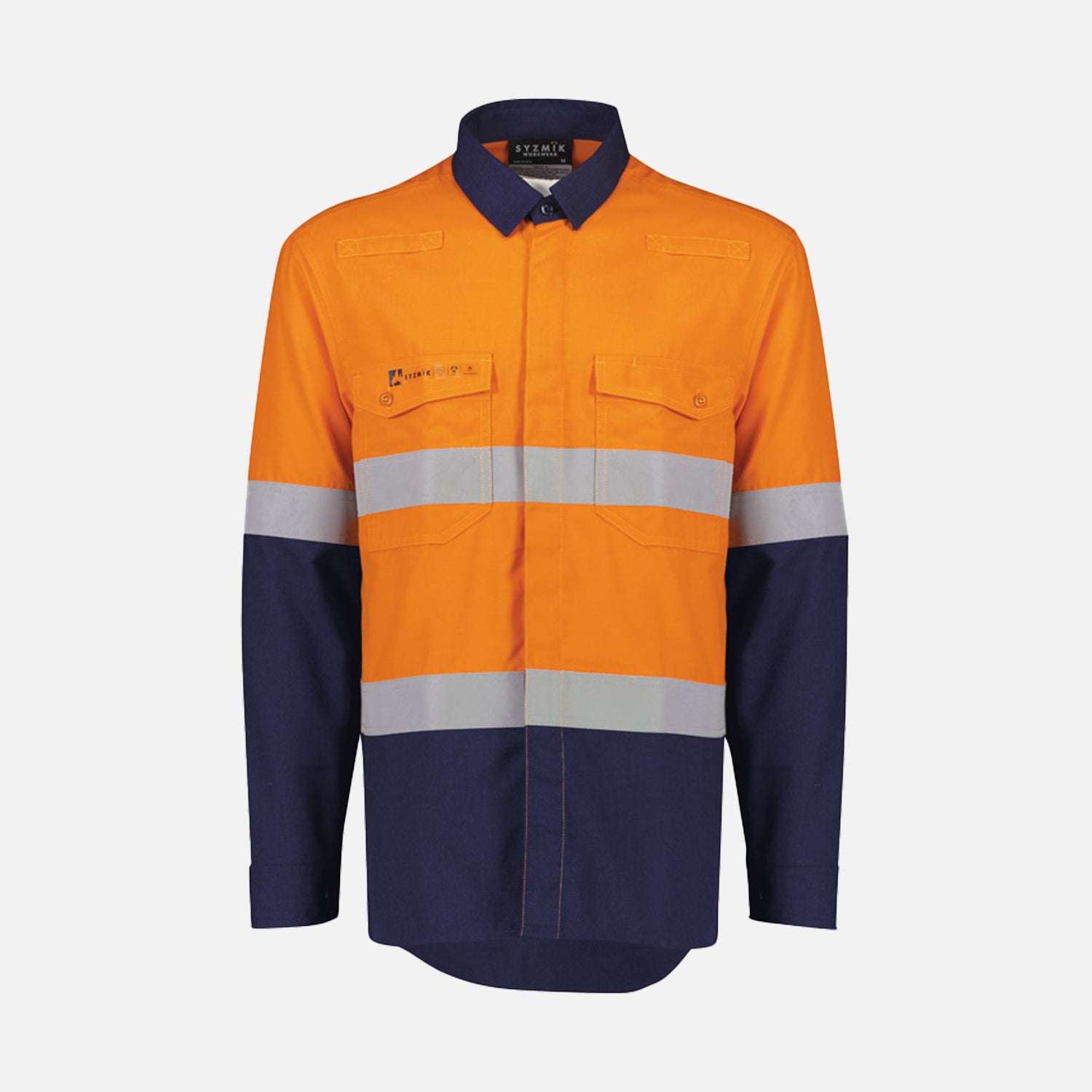Look Design custom branded Hi Vis collared shirt in bright orange and navy with reflective silver strips
