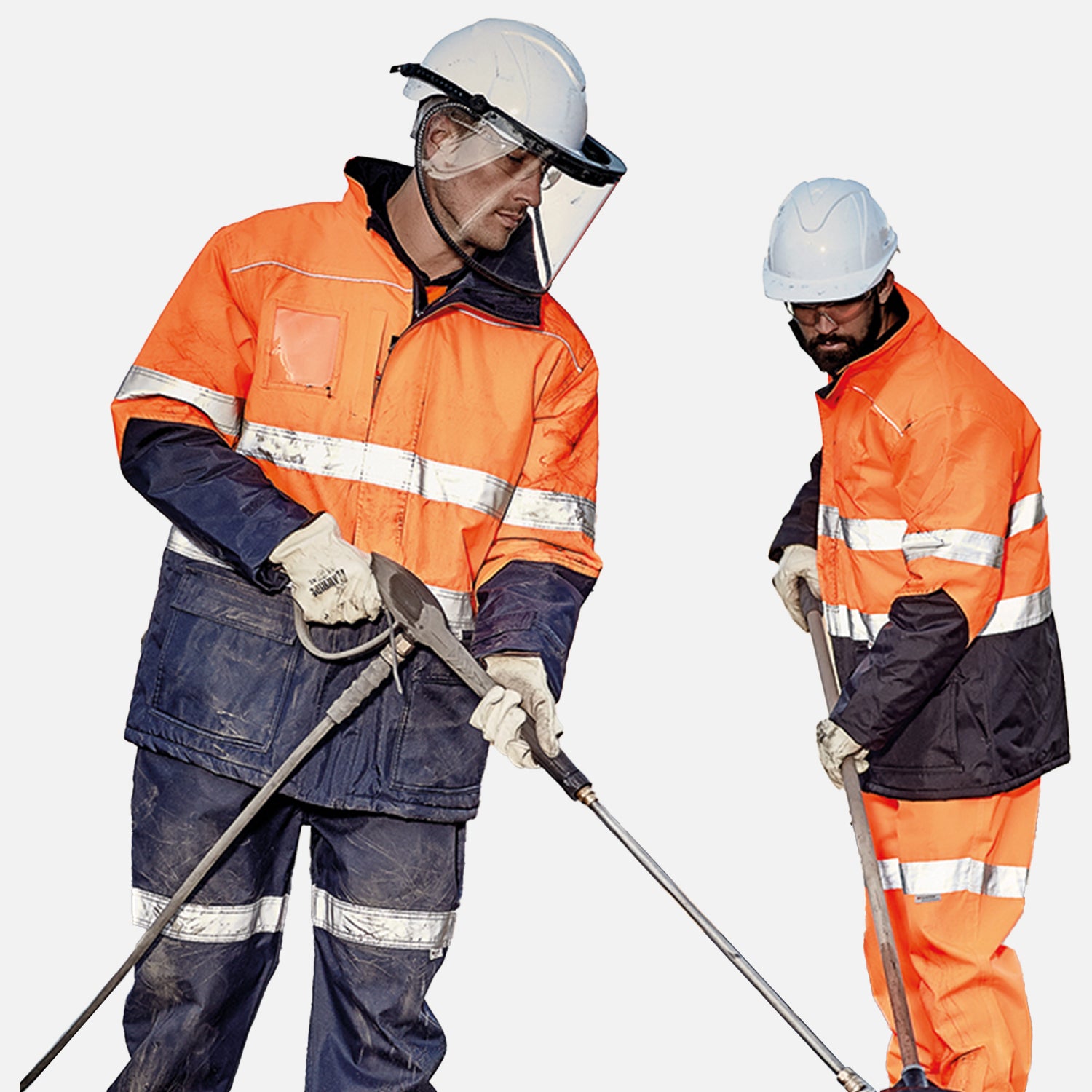 Two male worker wearing Look Design custom branded collared Hi Vis in bright orange and navy with reflective silver stripes