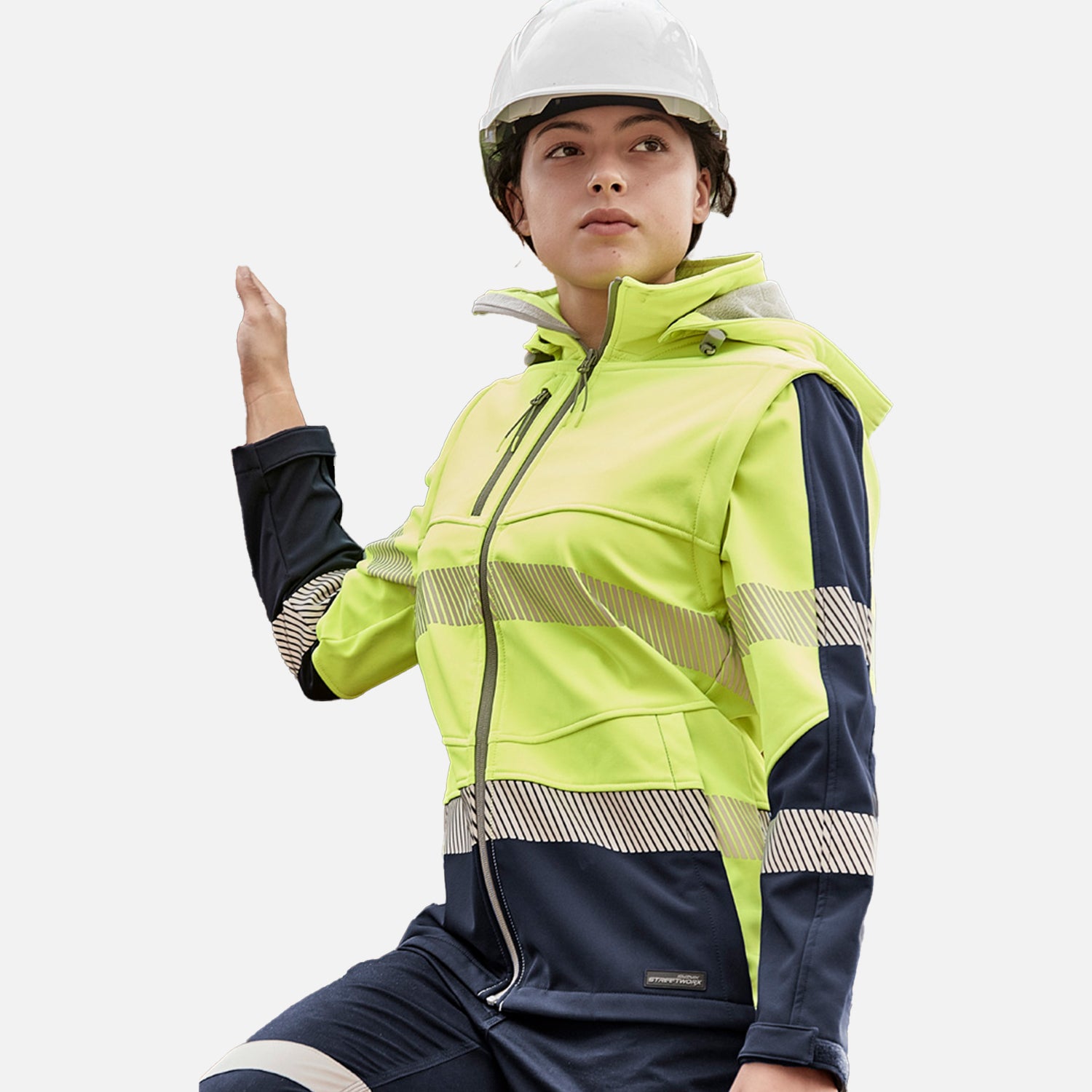 Female worker wearing Look Design custom branded collared Hi Vis in bright yellow and navy