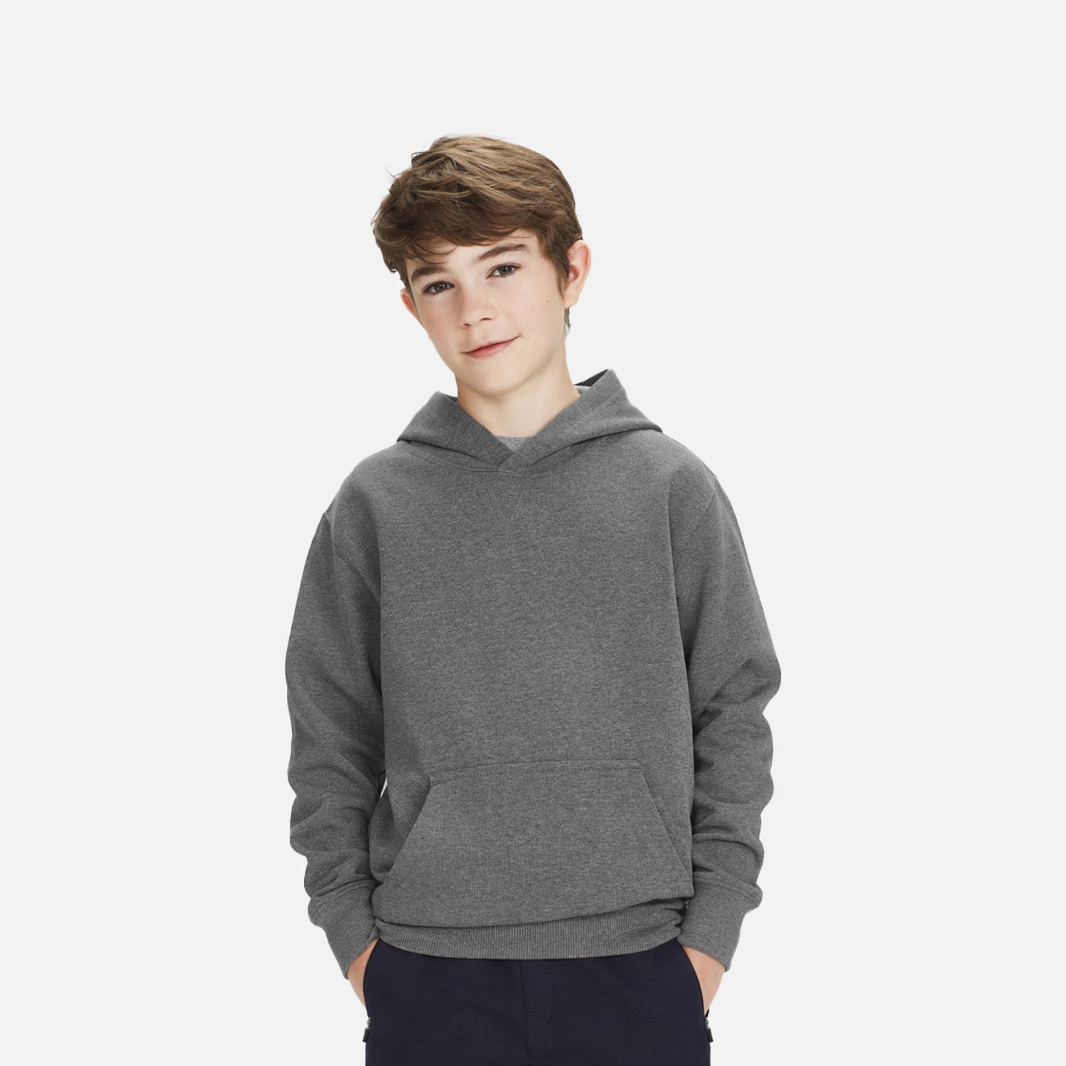 Young male model wearing Look Design custom branded hoodie in grey