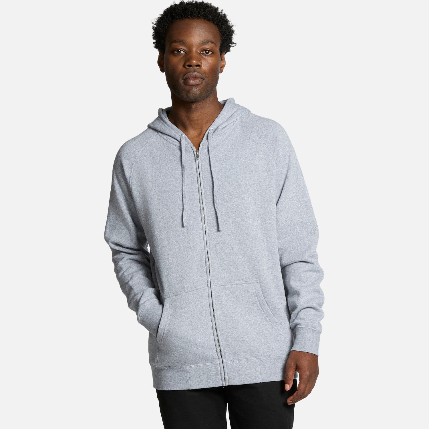 Male model wearing Look Design custom branded hoodie in grey
