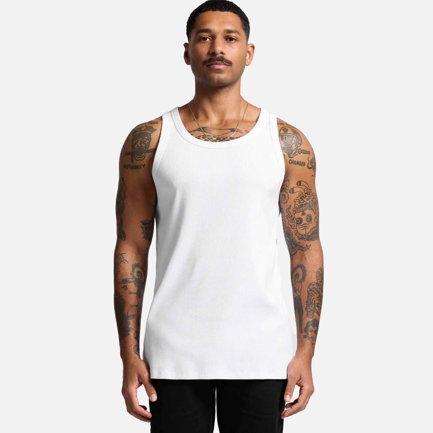 Male model wearing Look Design custom organic rib singlet in white