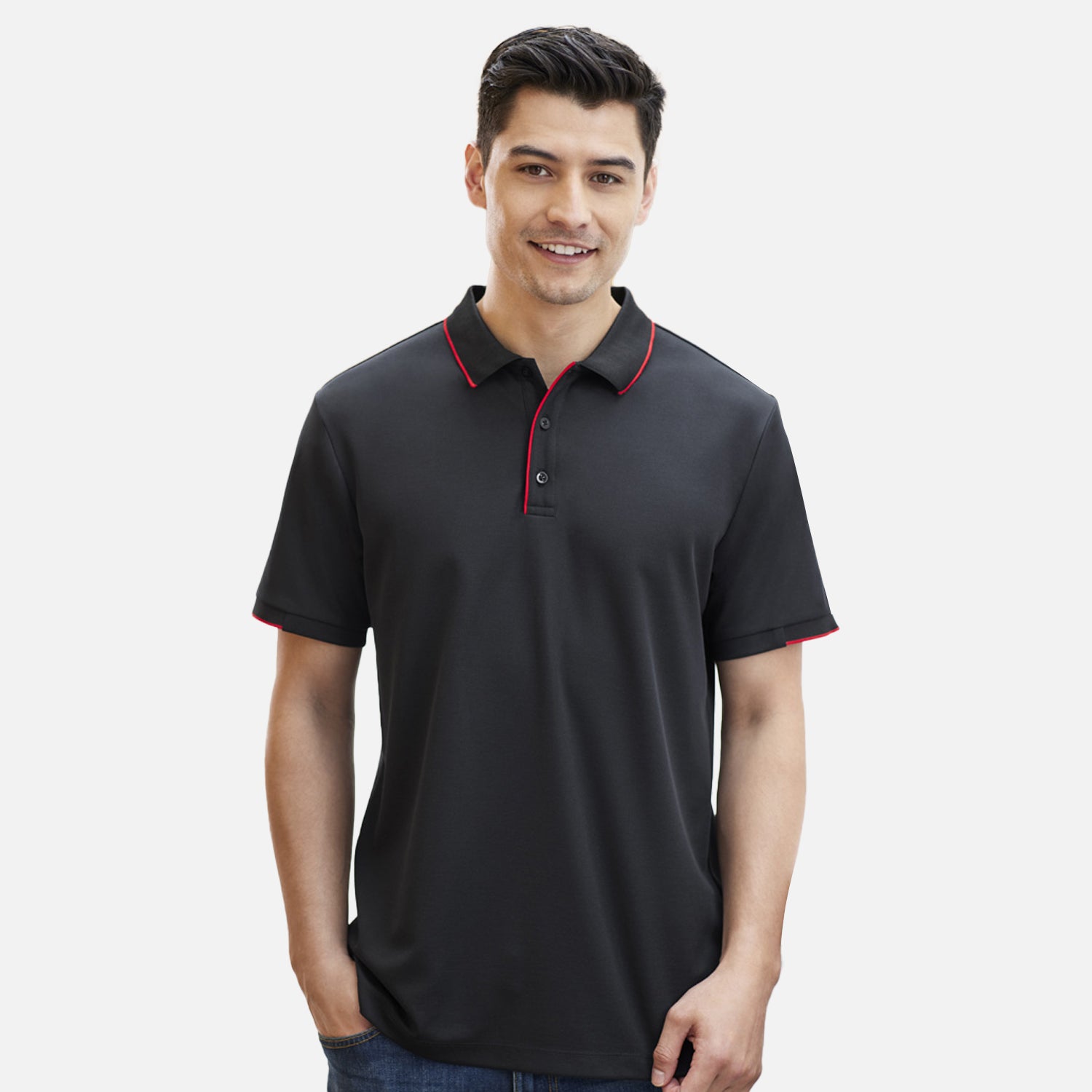 Male model wearing Look Design custom branded polos in black and red