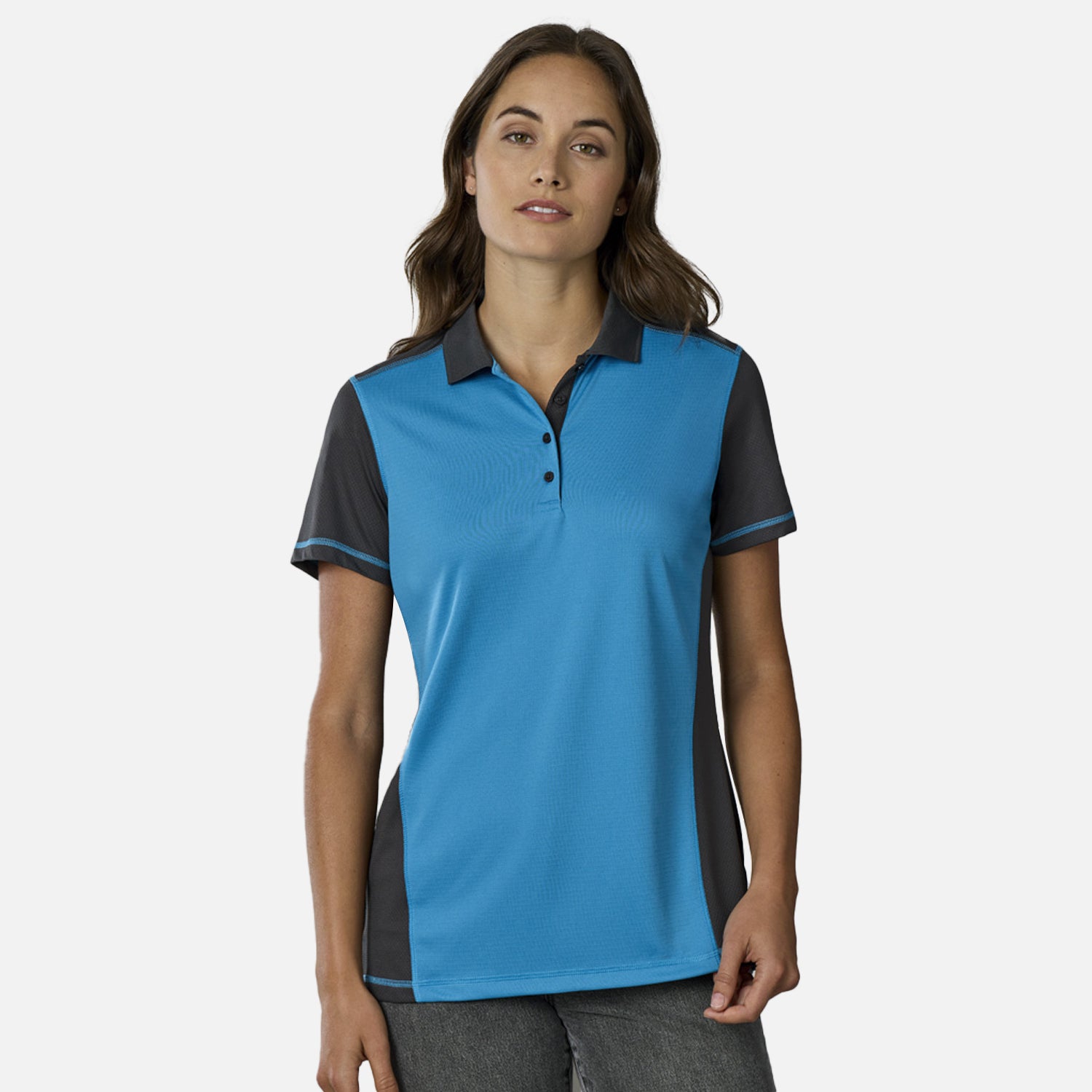 Male model wearing Look Design custom branded polos in blue and grey