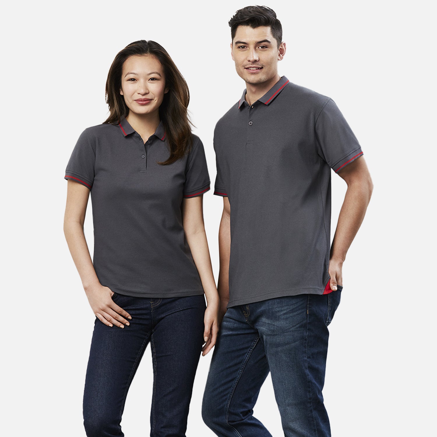 Male and female model wearing Look Design custom branded polos in grey and red