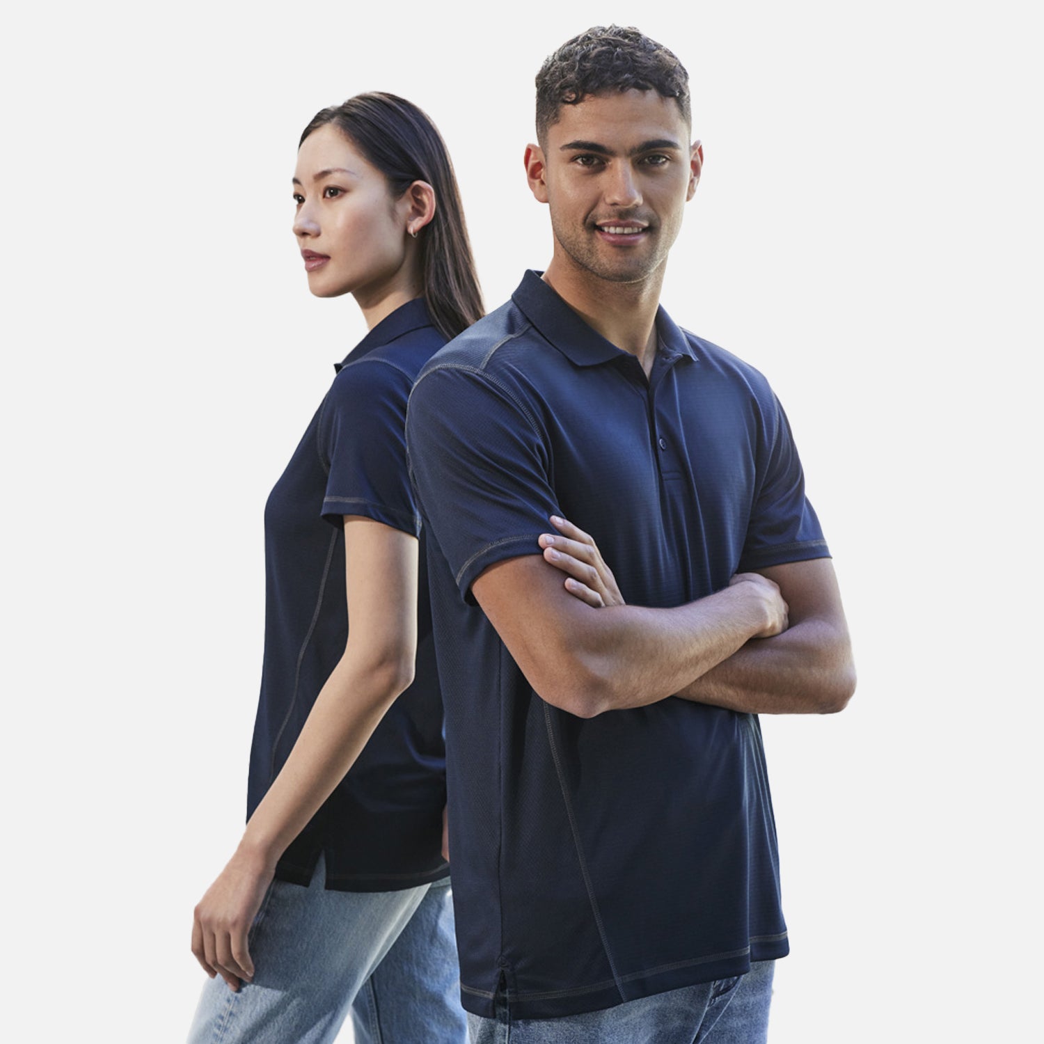 Male and female model wearing Look Design custom branded polos in navy blue