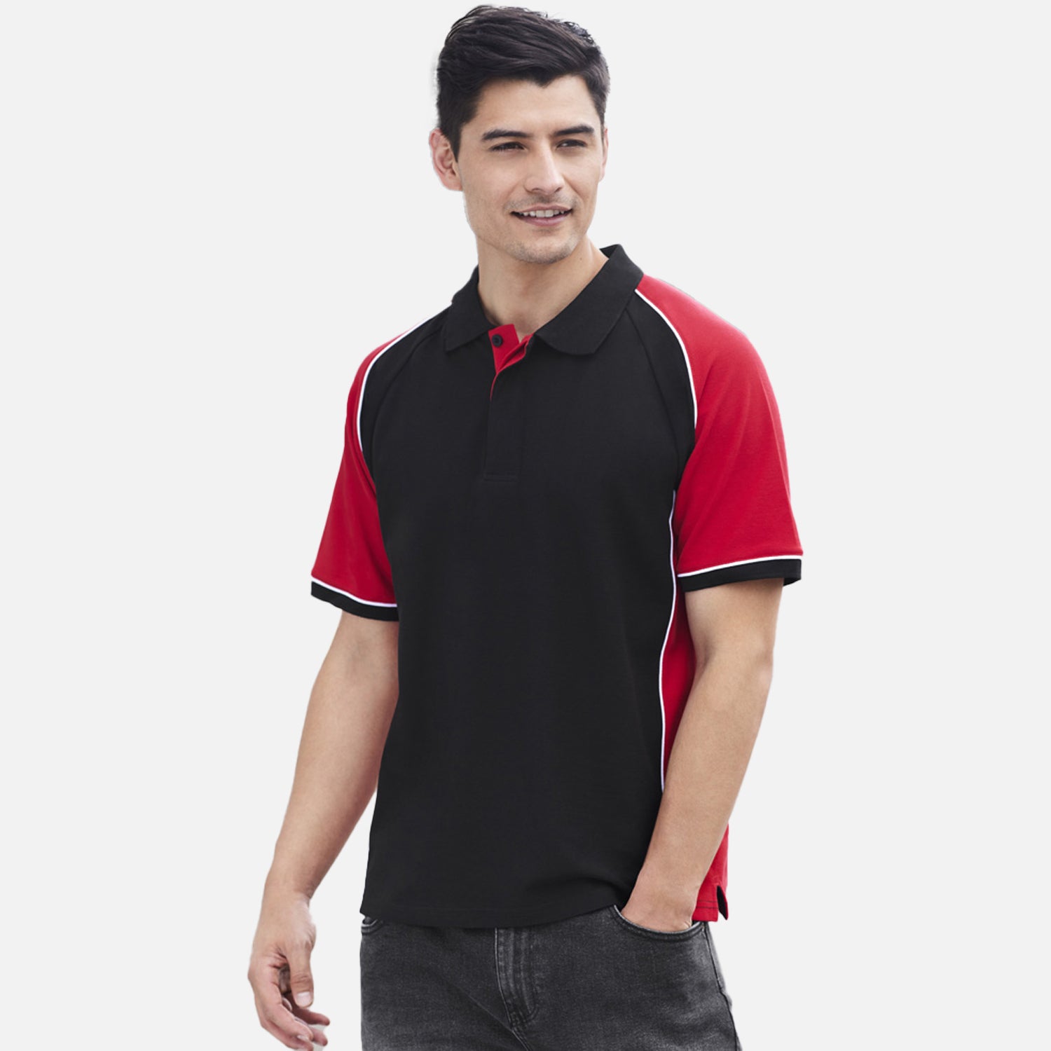 Male model wearing Look Design custom branded polos in red and black