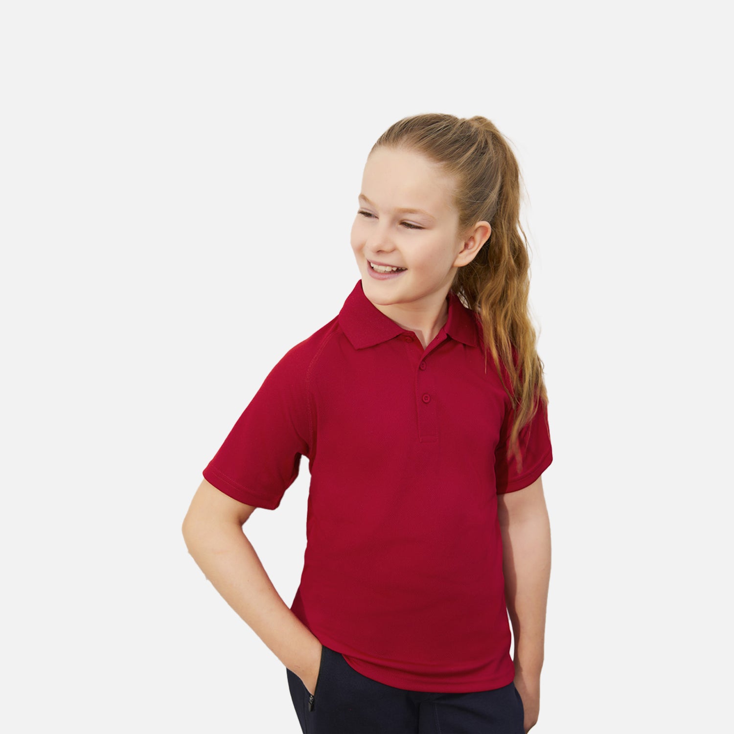 Young female model wearing Look Design custom branded polos in red