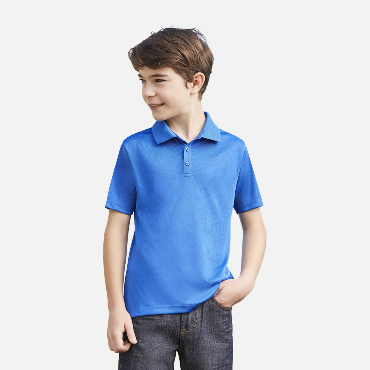 Young male model wearing Look Design custom branded polos in royal blue