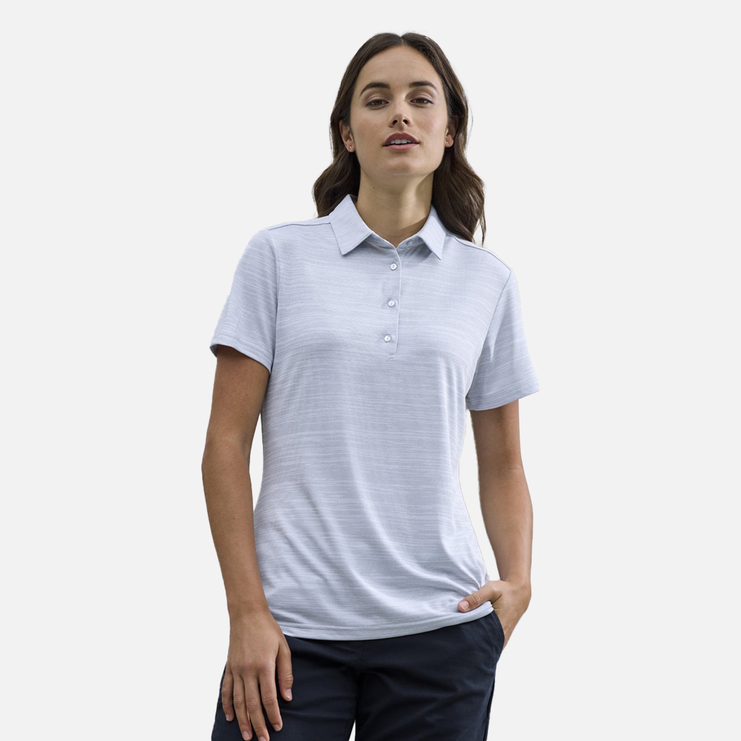Female model wearing Look Design custom branded polos in silver