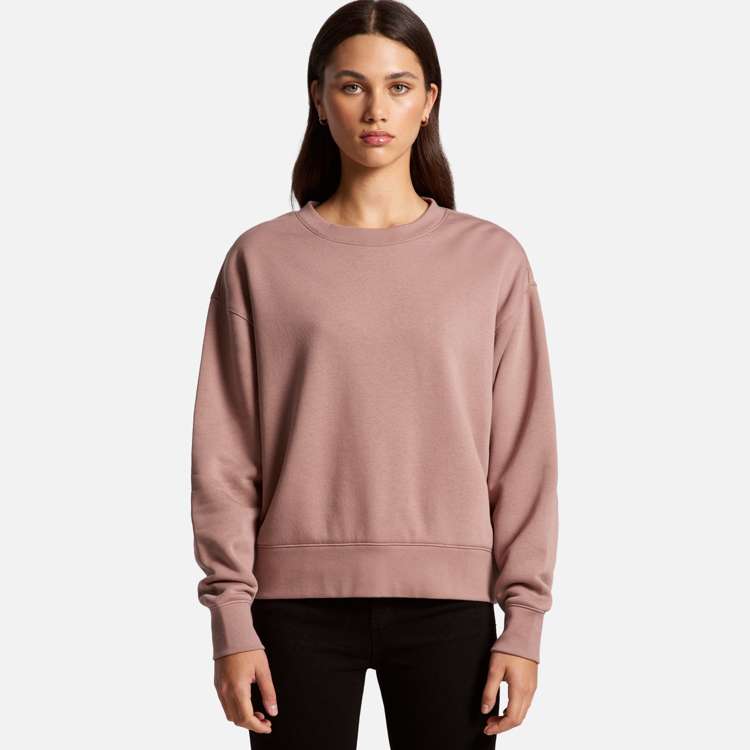 Female model wearing custom branded Look Design crew neck t-shirt in dusty pink