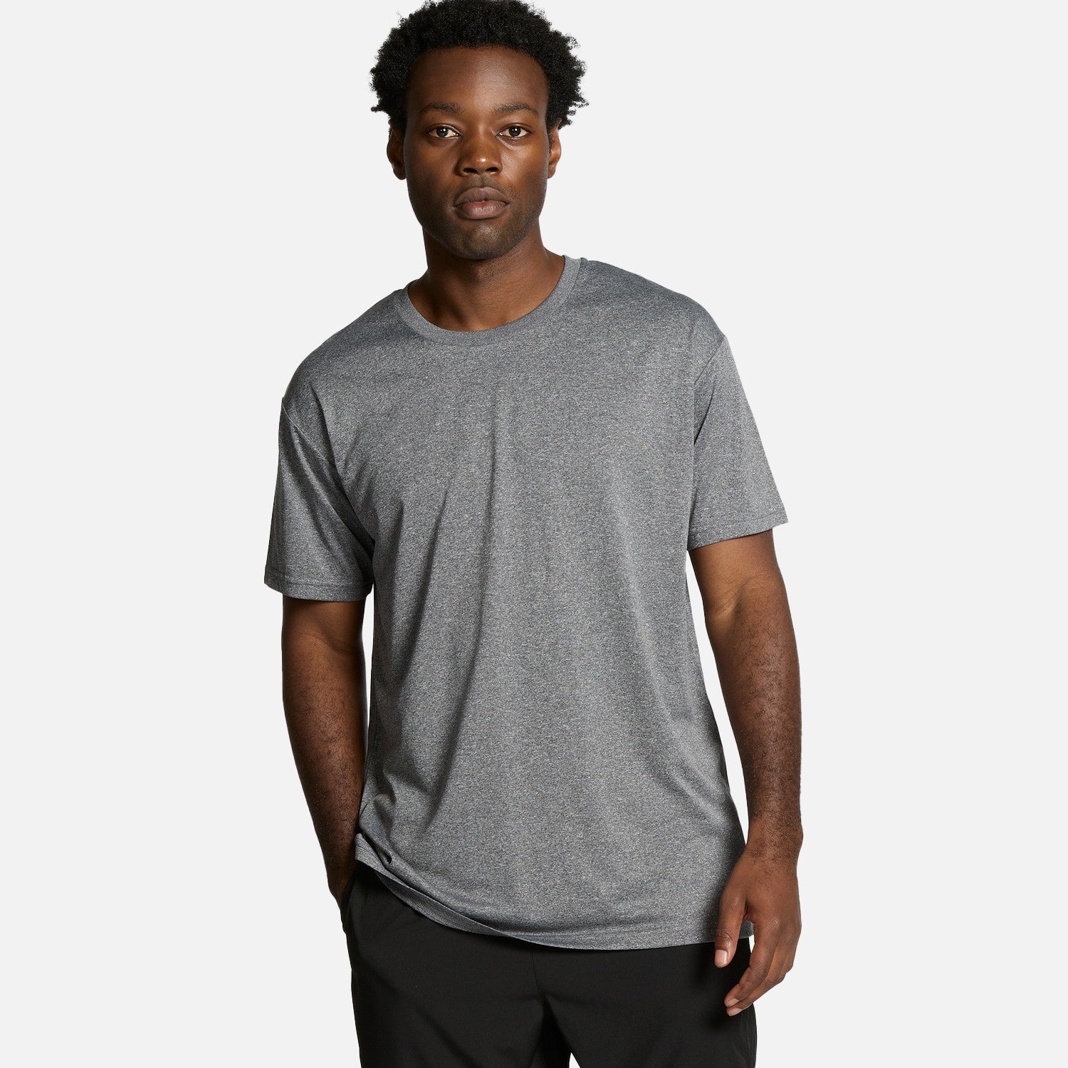 Male model wearing Look Design custom branded active t-shirt in grey