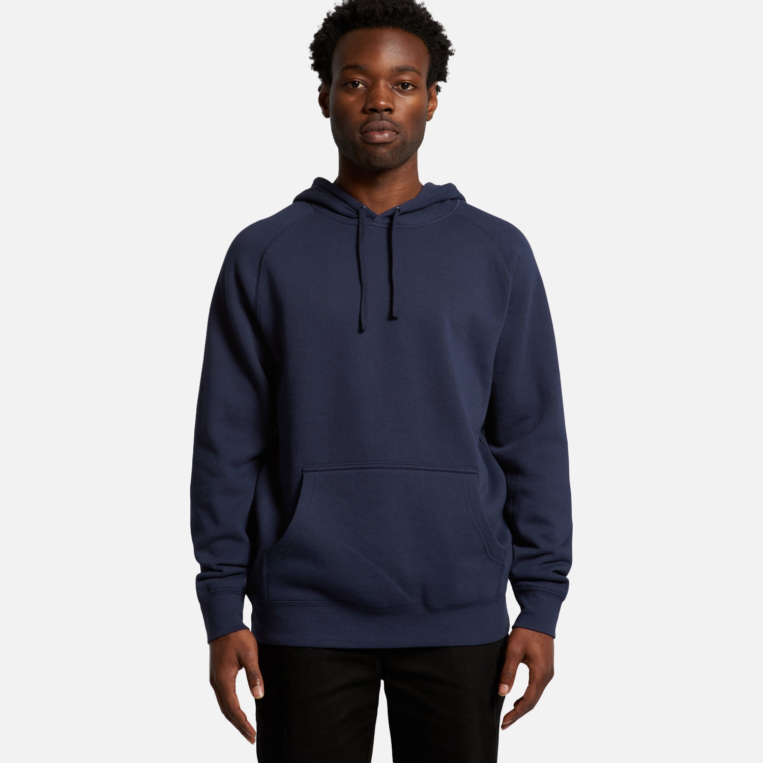 Male model wearing Look Design custom branded hoodie in navy blue